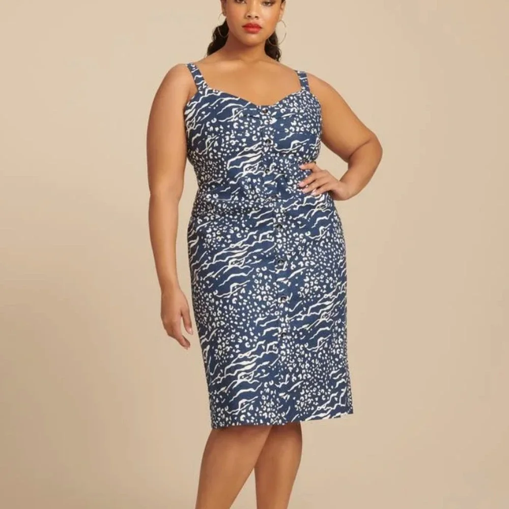 Tanya Taylor Blue Tropical Midi Dress SIZE 22 Linen Sundress Designer $500